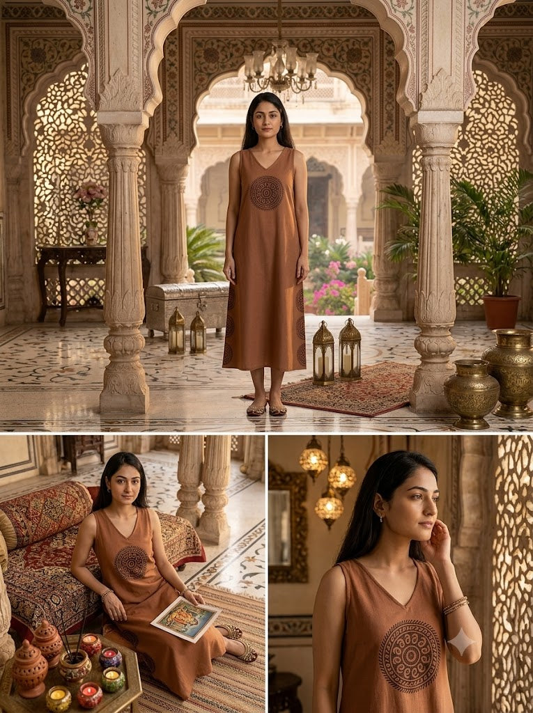 The Brown Mandala Pure Khadi Long Dress | Founder's Edit