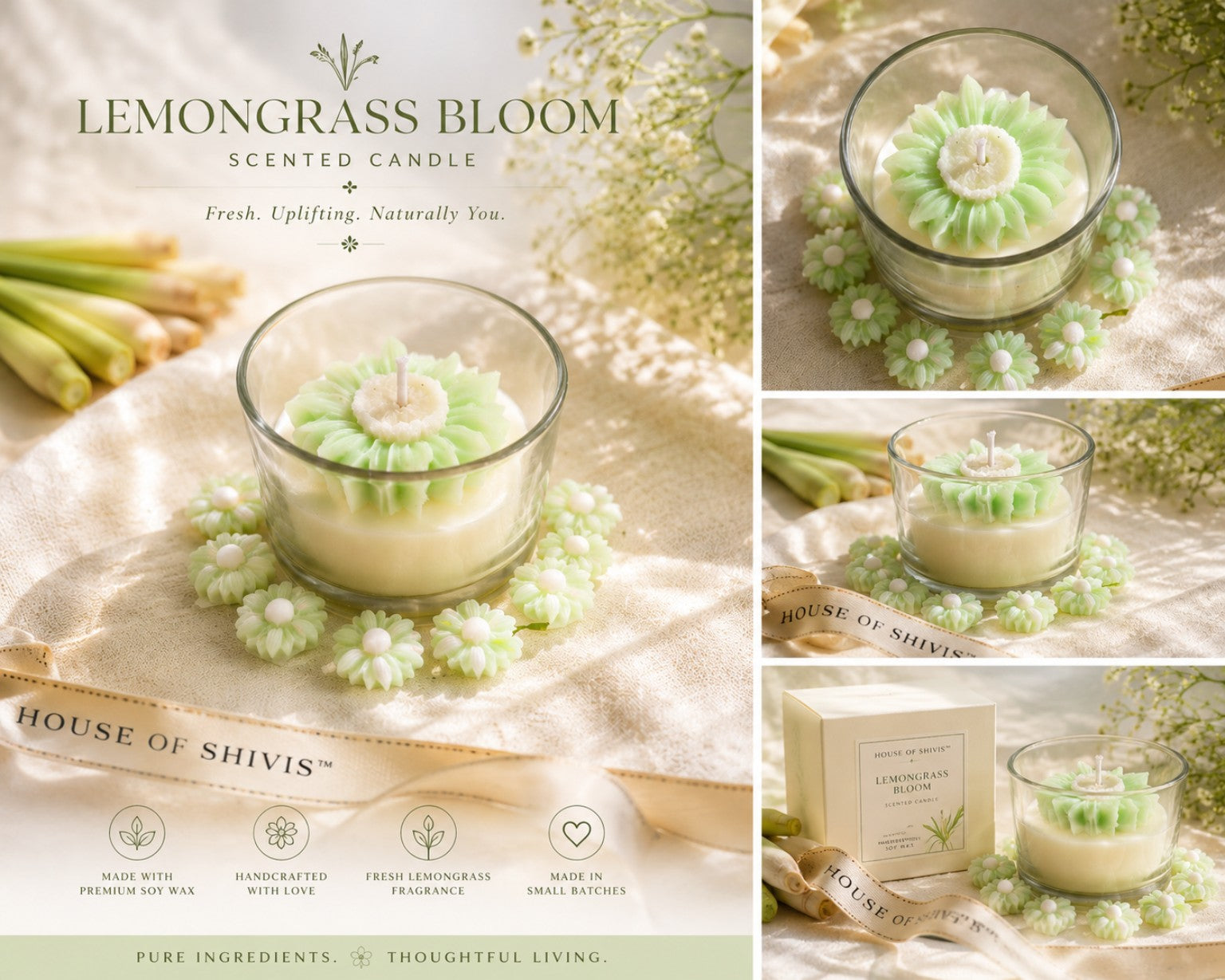 Lemongrass Bloom Scented Candle (100% Soy Wax)
