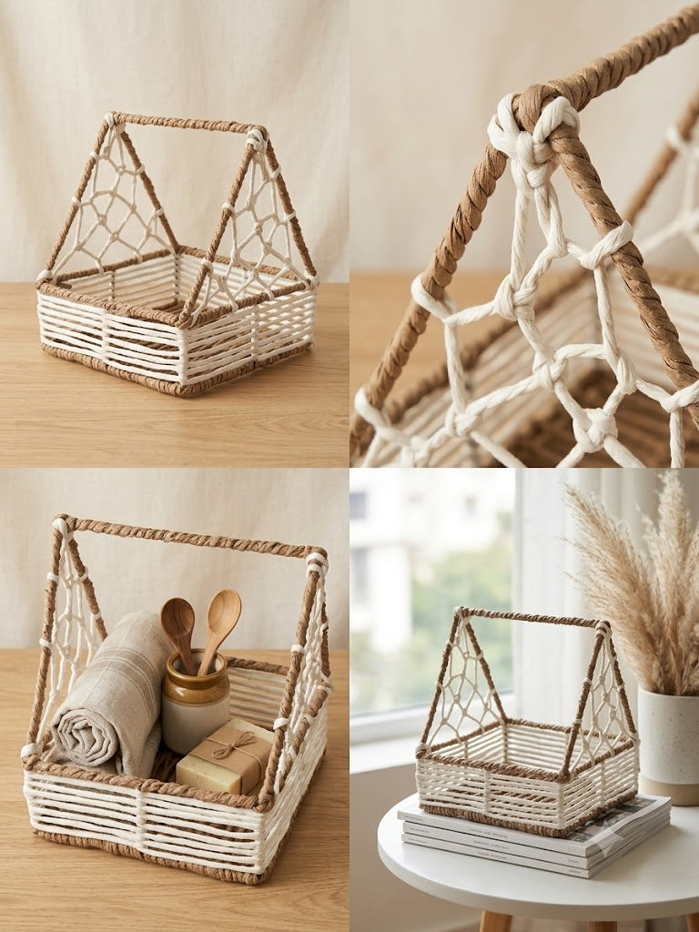 Handwoven Paper Rope Hamper Basket (8" x 8") with Sturdy Metal Frame