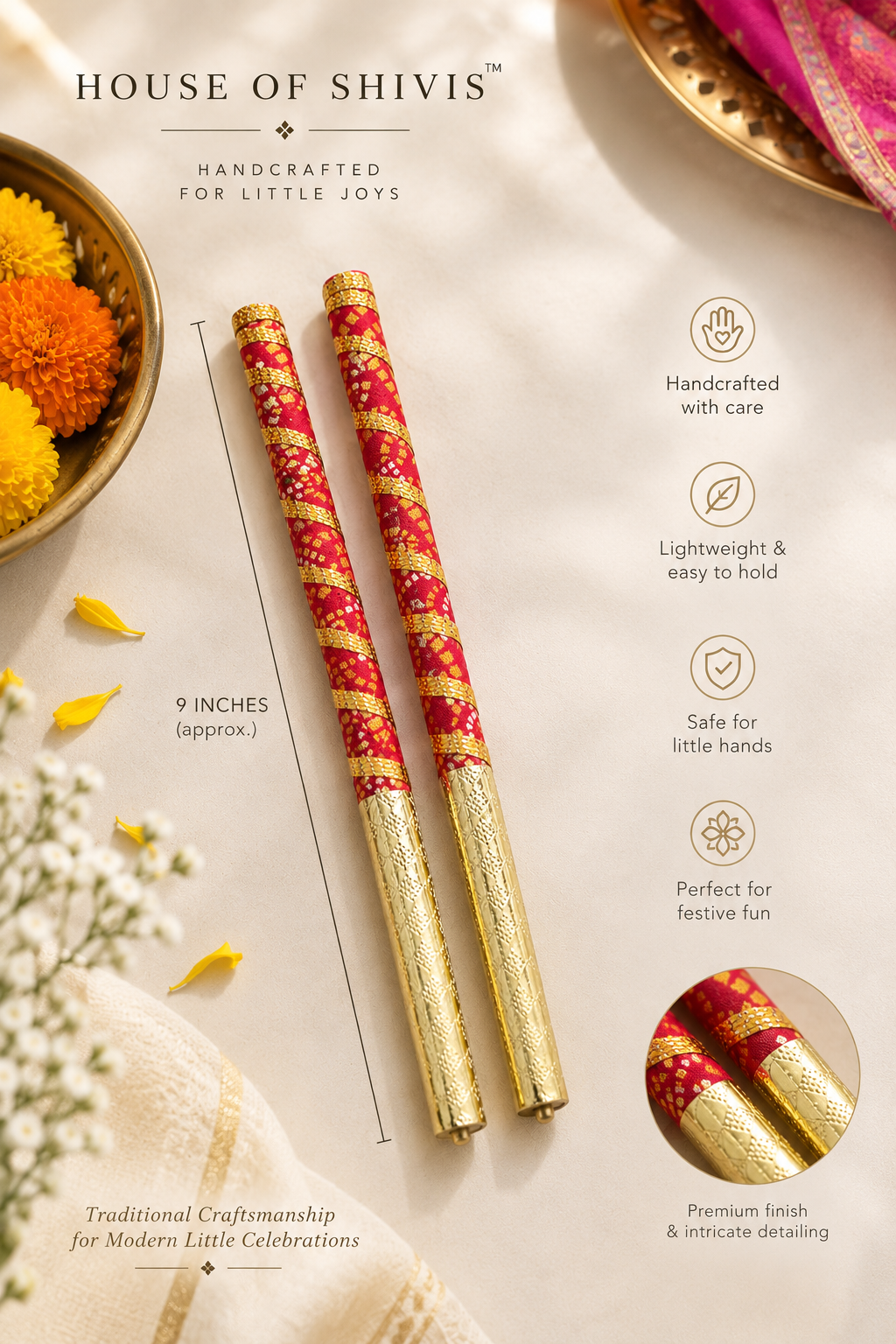 Handcrafted Bandhani Dandiya Sticks for Kids (Pair) | Gold Embossed Handle