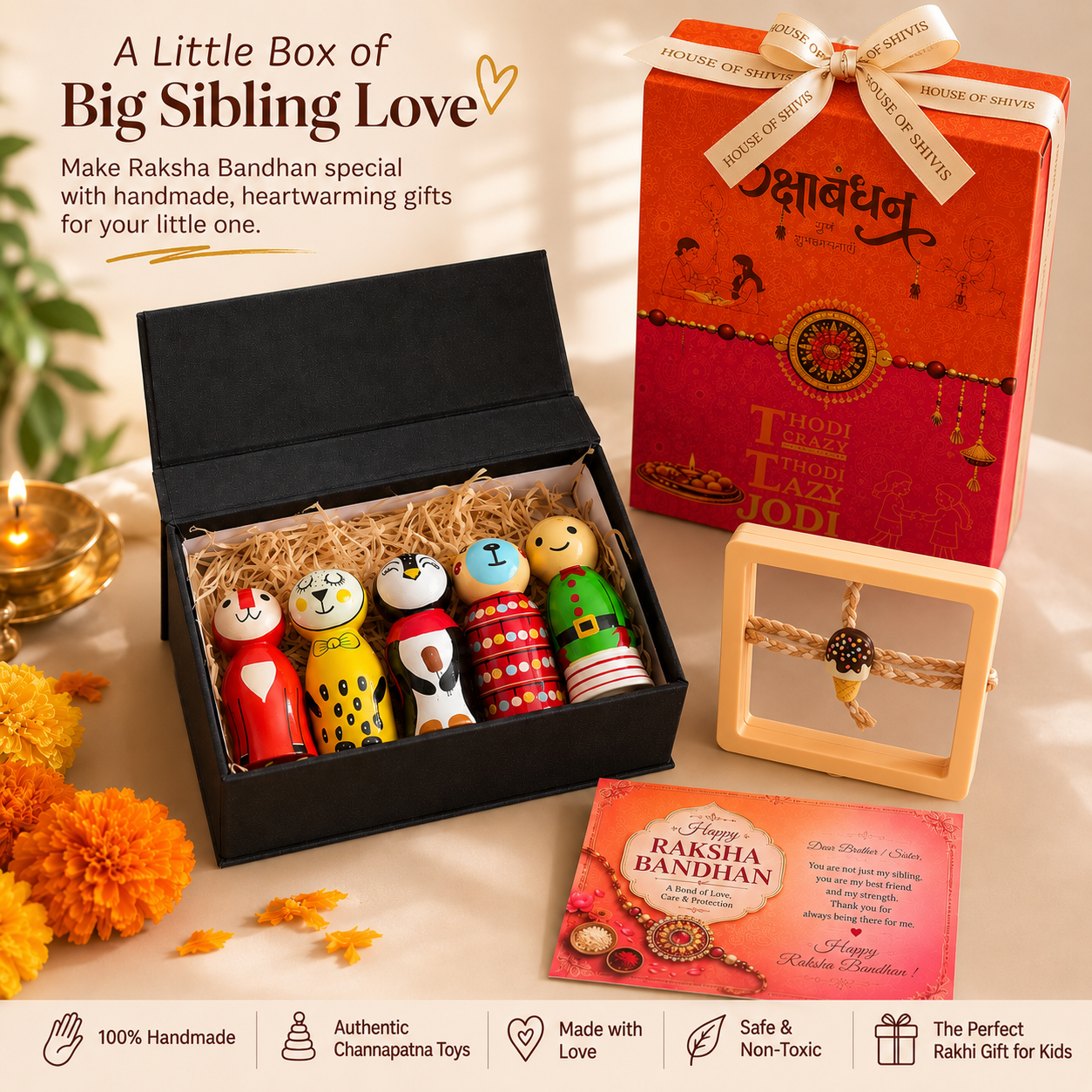 HOUSE OF SHIVIS Big Sibling Love – Channapatna Toy Rakhi Gift Box