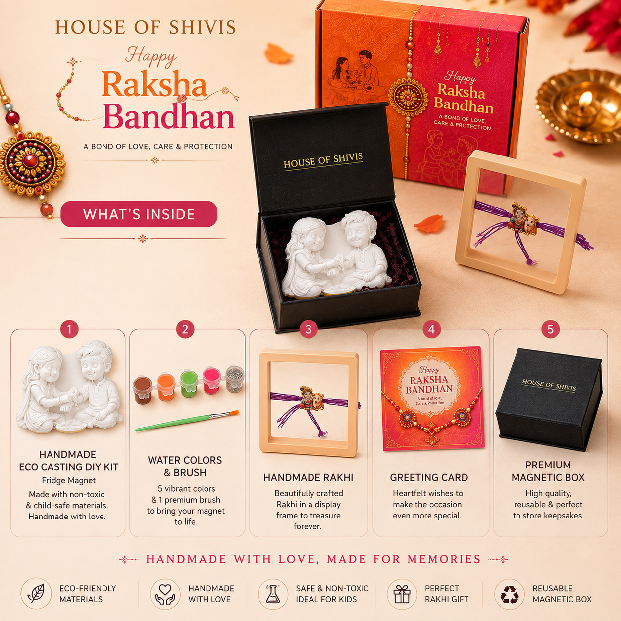 Eco-Casting DIY Fridge Magnet Raksha Bandhan Gift Kit | Paint Your Own Keepsake | Handmade Rakhi in Display Frame