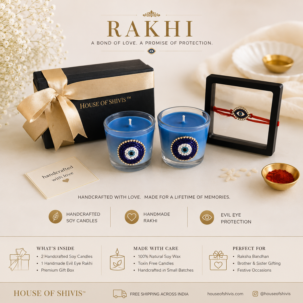 Evil Eye Rakhi Gift Set – Handcrafted Soy Candles & Rakhi