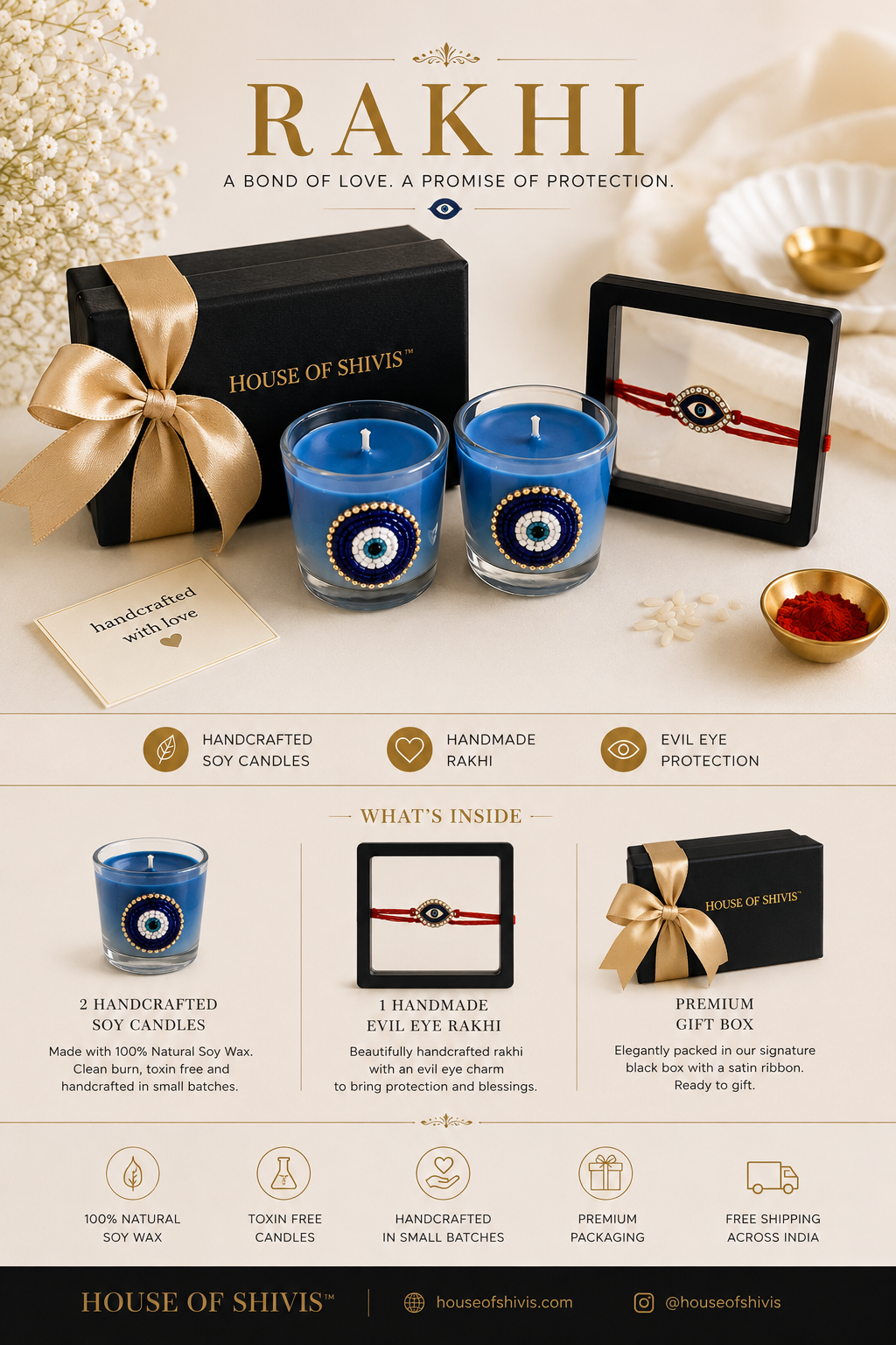 Evil Eye Rakhi Gift Set – Handcrafted Soy Candles & Rakhi