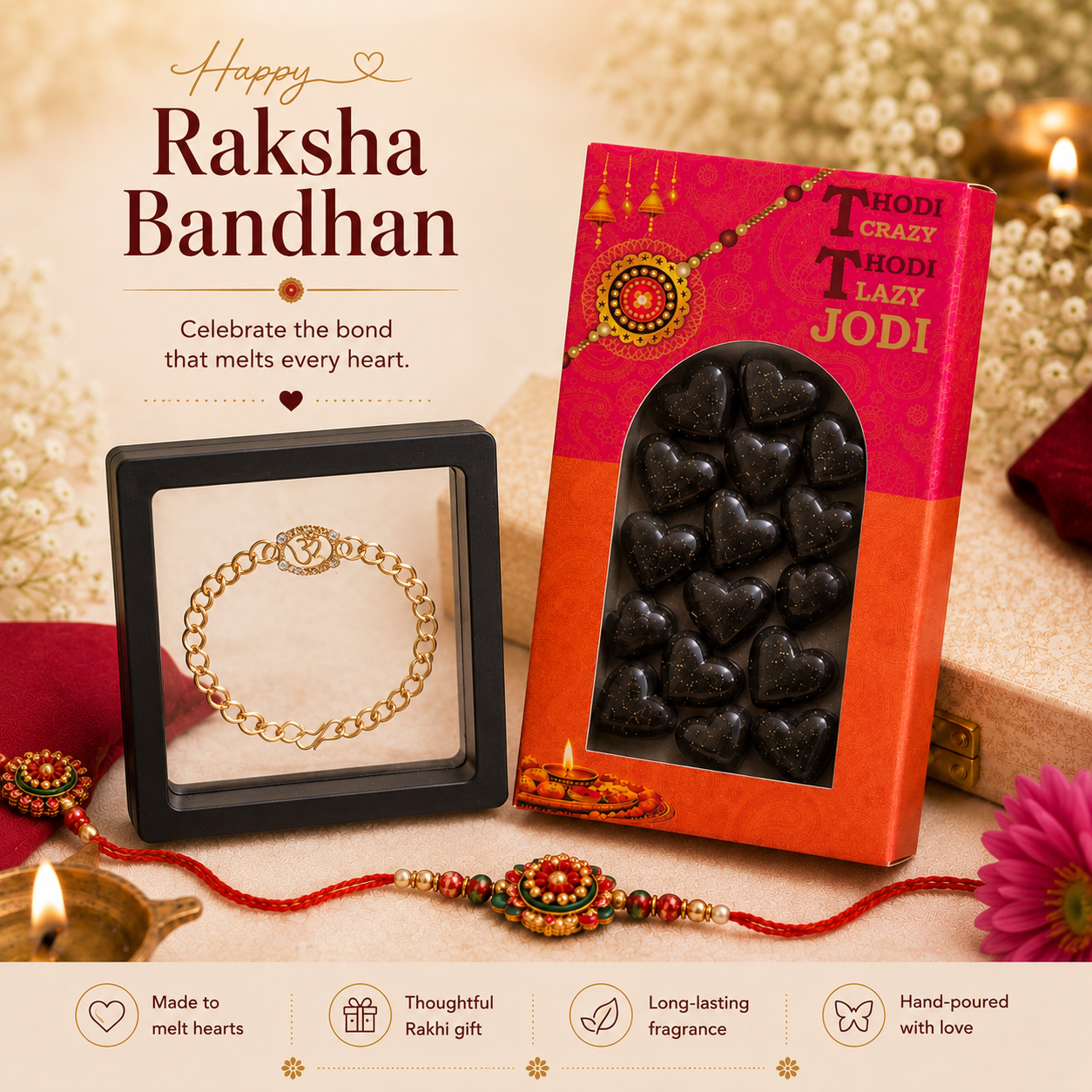 Raksha Bandhan Gift Hamper – Om Rakhi Bracelet & Soy Wax Melt Cuties