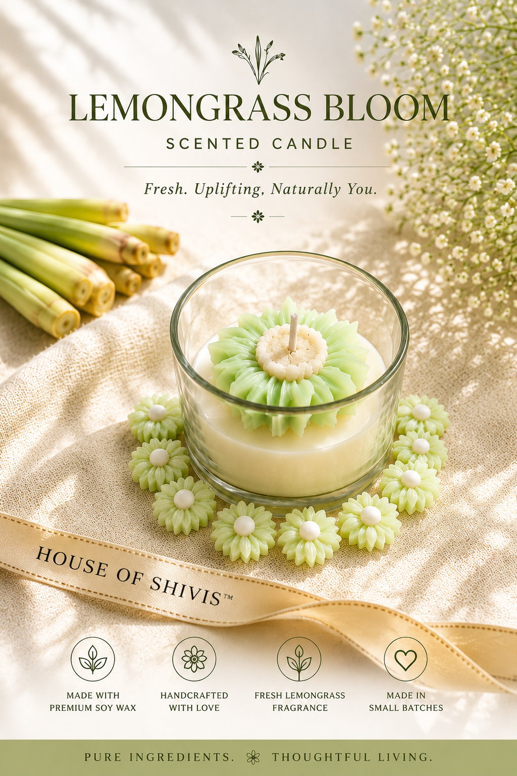 Lemongrass Bloom Scented Candle (100% Soy Wax)