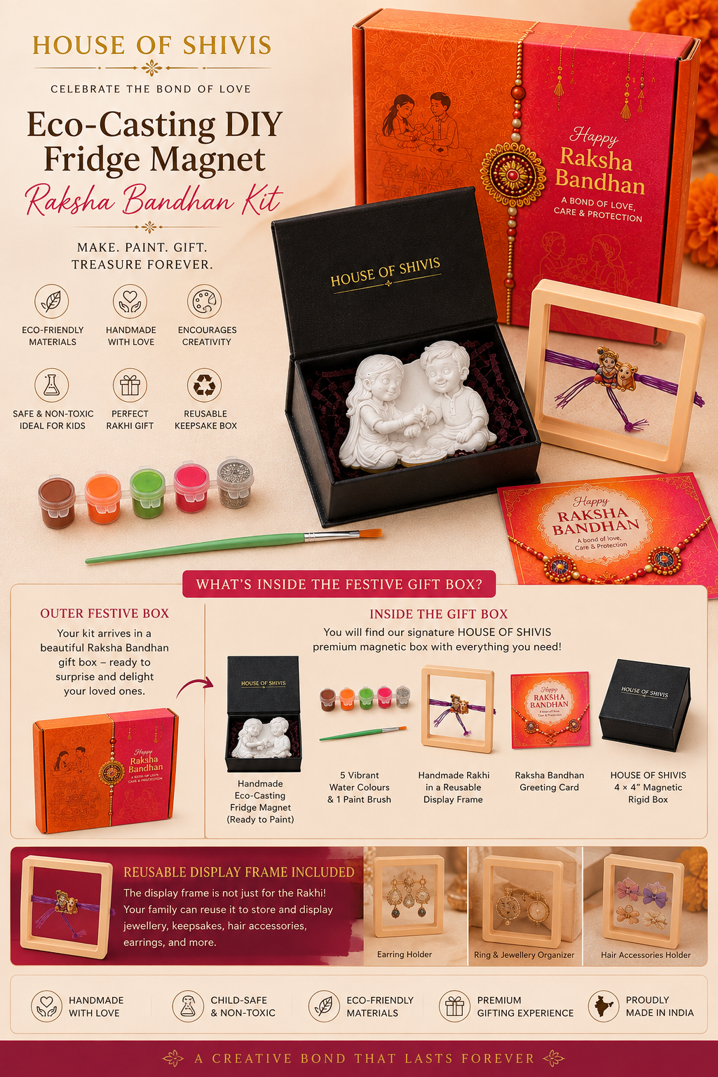 Eco-Casting DIY Fridge Magnet Raksha Bandhan Gift Kit | Paint Your Own Keepsake | Handmade Rakhi in Display Frame