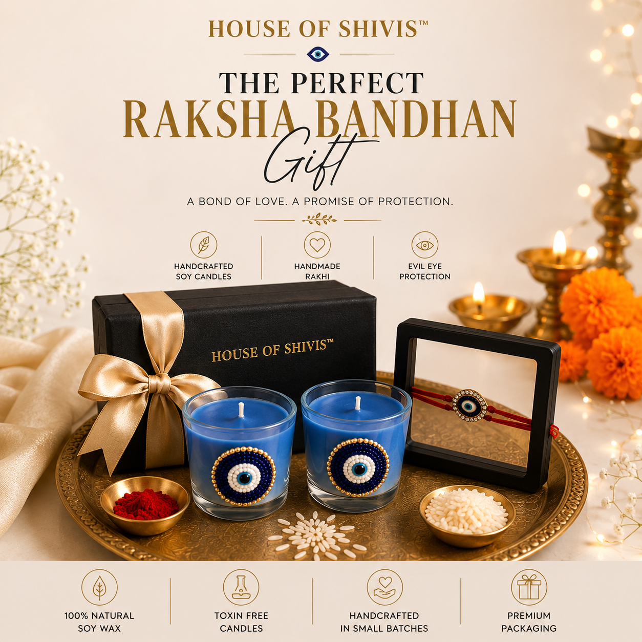 Evil Eye Rakhi Gift Set – Handcrafted Soy Candles & Rakhi
