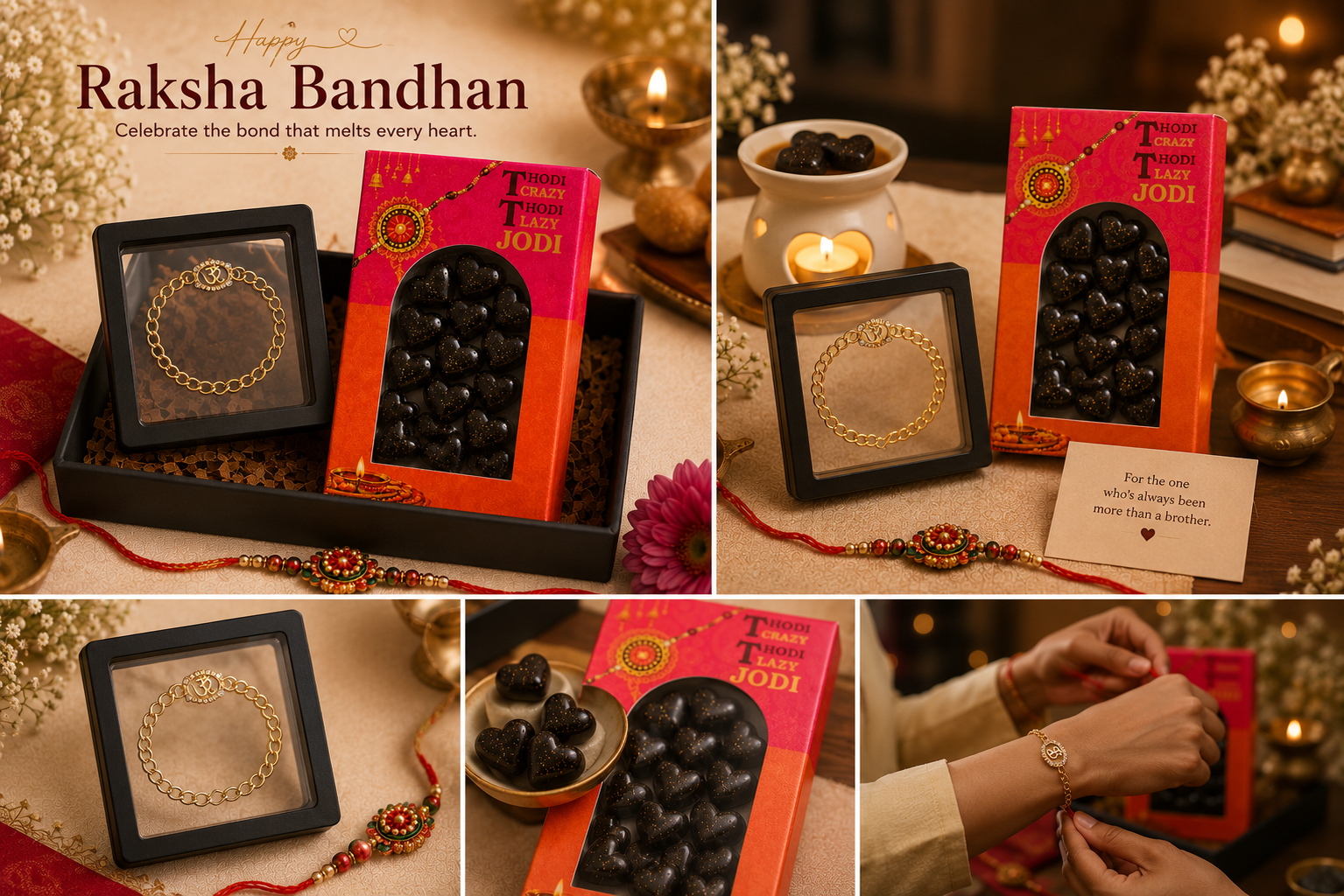 Raksha Bandhan Gift Hamper – Om Rakhi Bracelet & Soy Wax Melt Cuties
