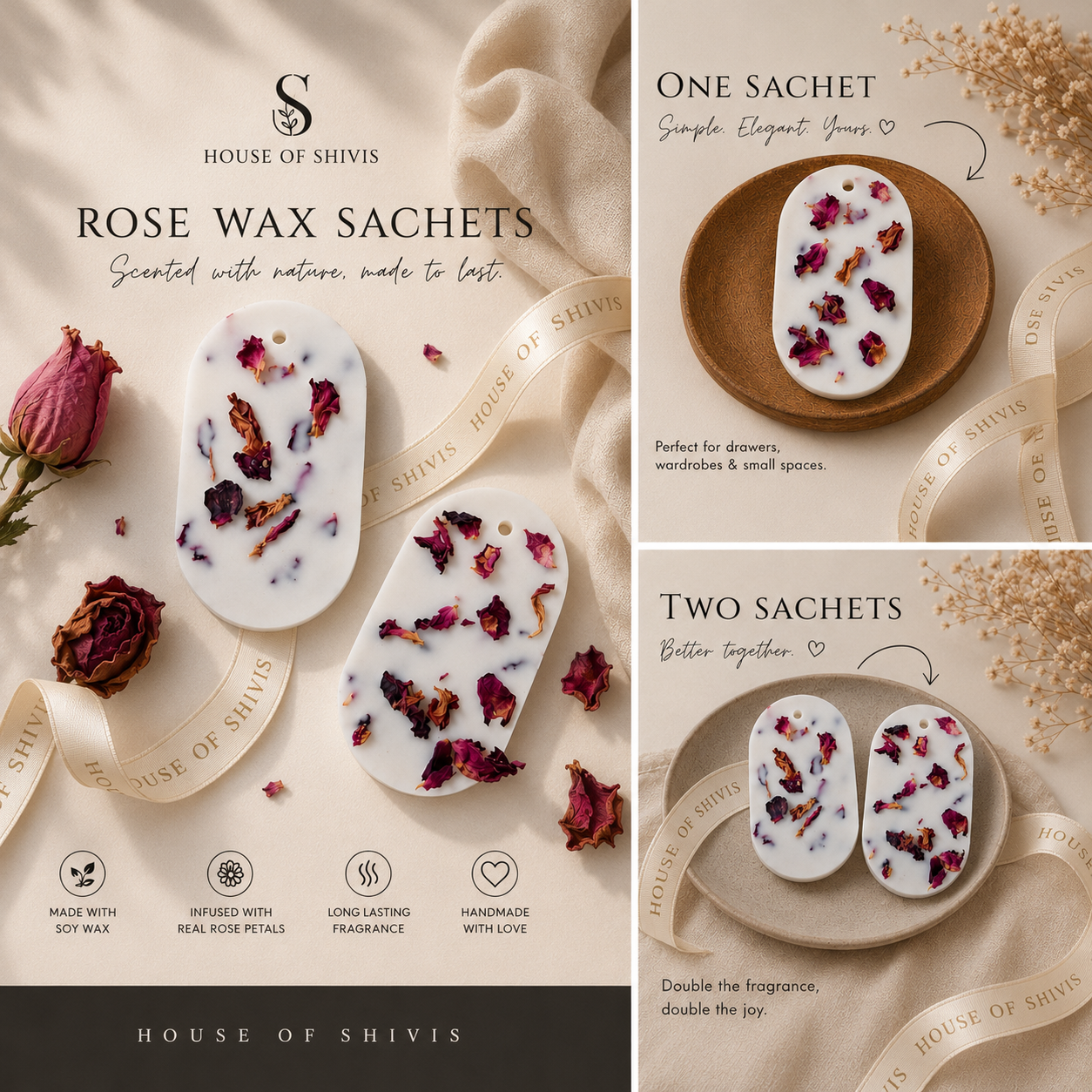 Premium Rose Wax Sachet – Scented Soy Wax Tablet with Dried Botanical Petals