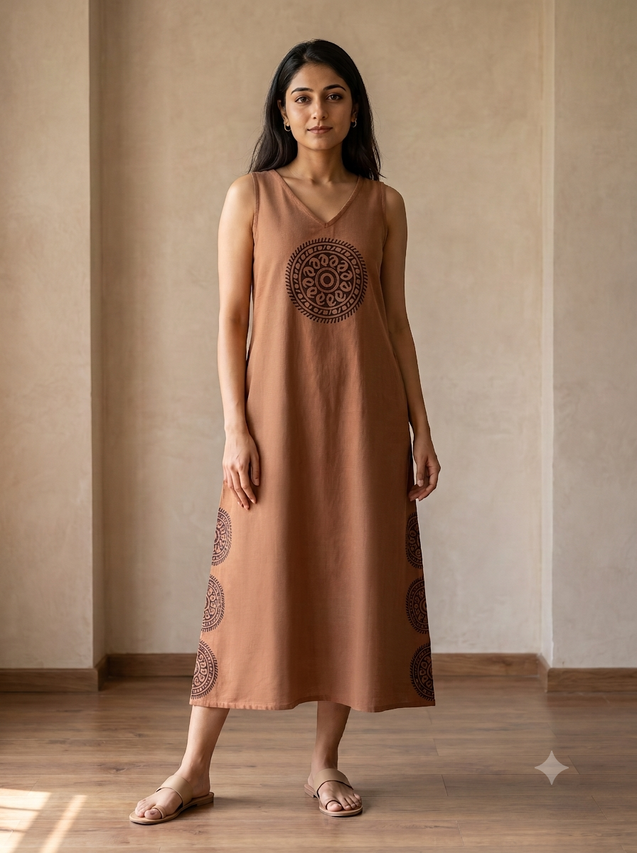 The Brown Mandala Pure Khadi Long Dress | Founder's Edit