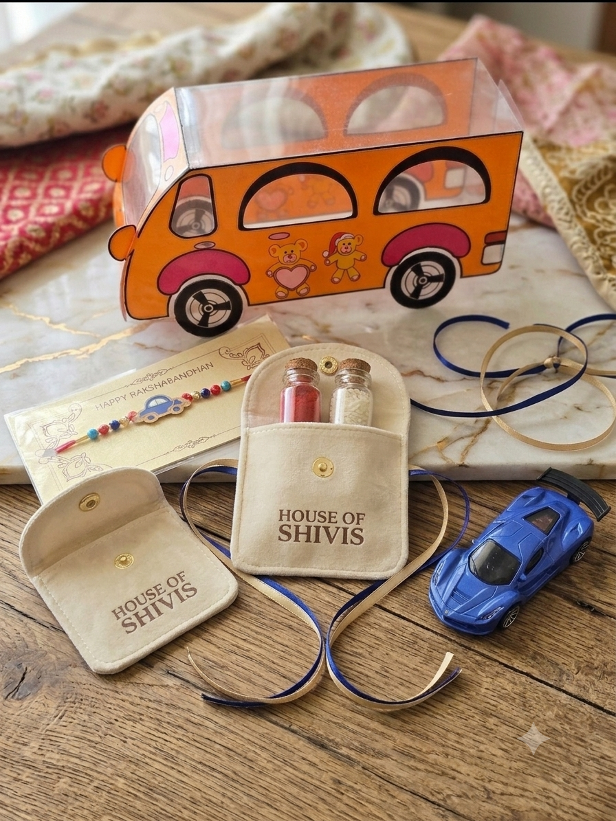 Kids Bus Rakhi Gift Set | Assorted Toy Car + Car Rakhi with Premium Roli Chawal Pouch
