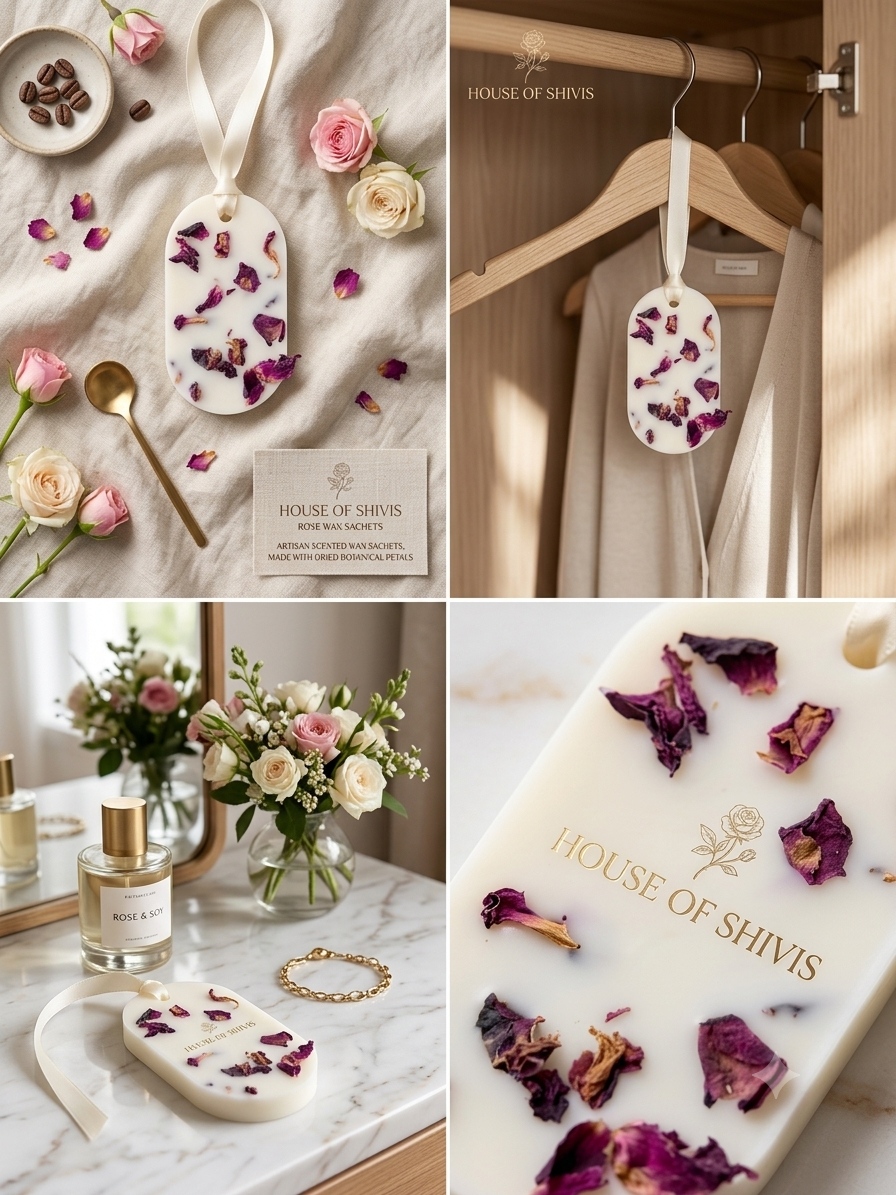 Premium Rose Wax Sachet – Scented Soy Wax Tablet with Dried Botanical Petals