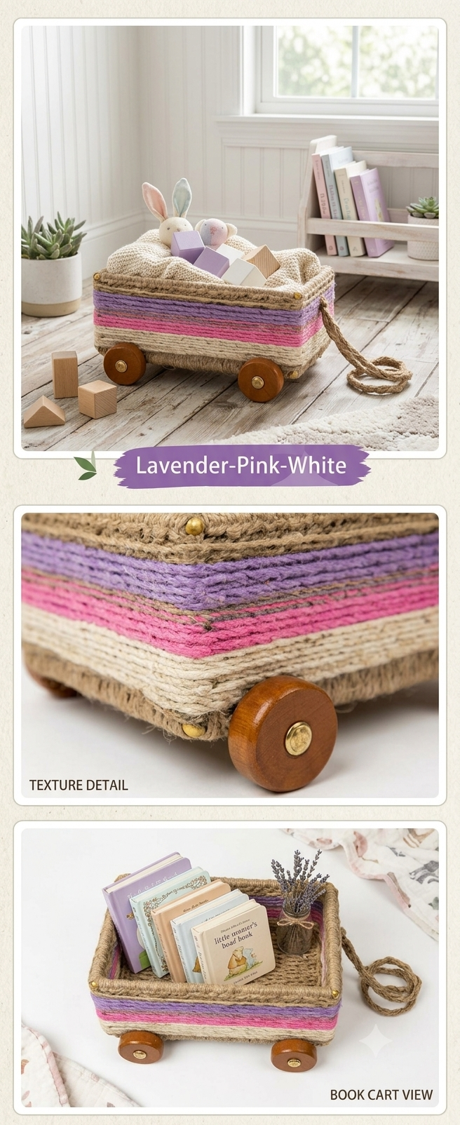 Handcrafted Jute & Cotton Rope Pull-Along Toy Basket with Wooden Wheels