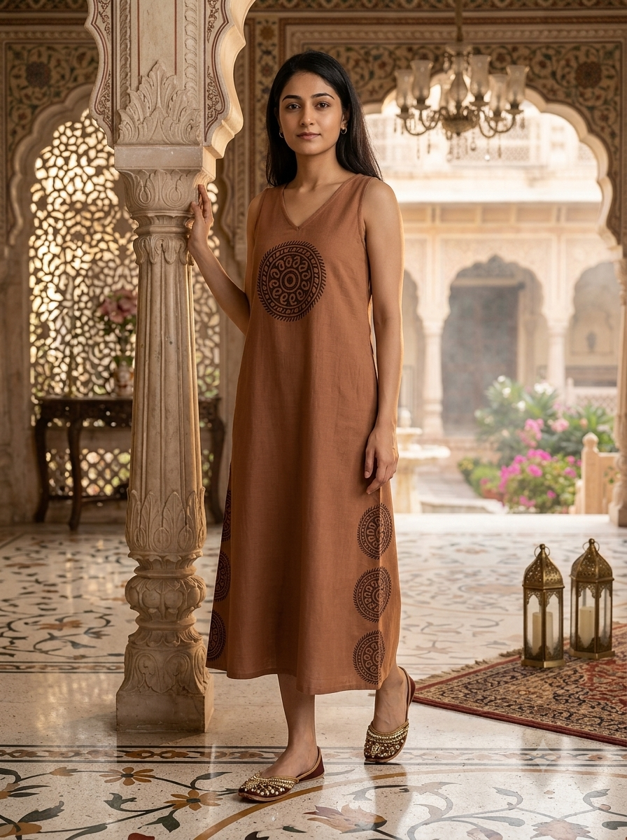 The Brown Mandala Pure Khadi Long Dress | Founder's Edit