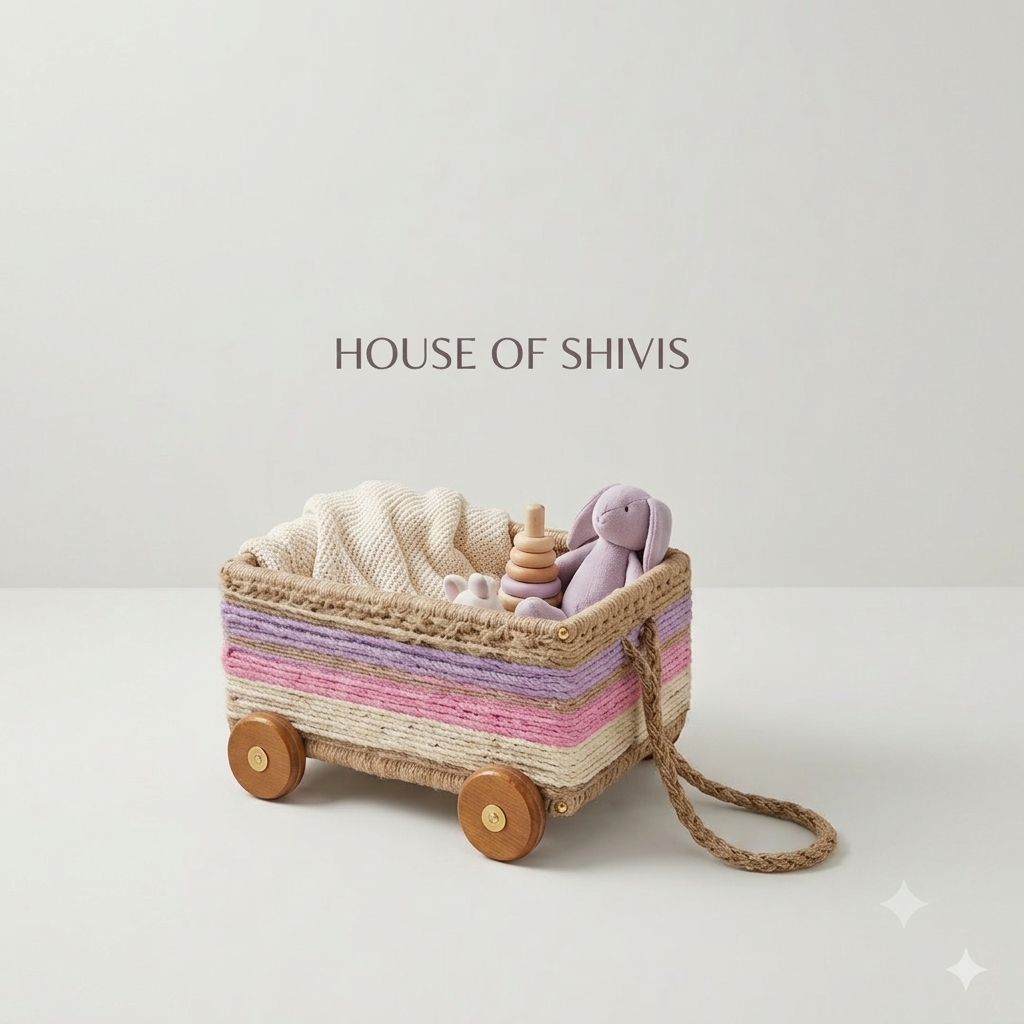 Handcrafted Jute & Cotton Rope Pull-Along Toy Basket with Wooden Wheels