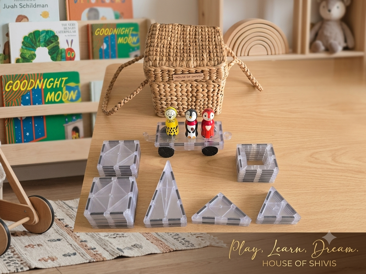 Crystal Clear Magnetic Tiles in Handwoven Water Hyacinth Basket — 32 Pc Heirloom Play Set