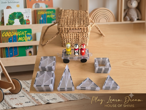 Crystal Clear Magnetic Tiles in Handwoven Water Hyacinth Basket — 32 Pc Heirloom Play Set