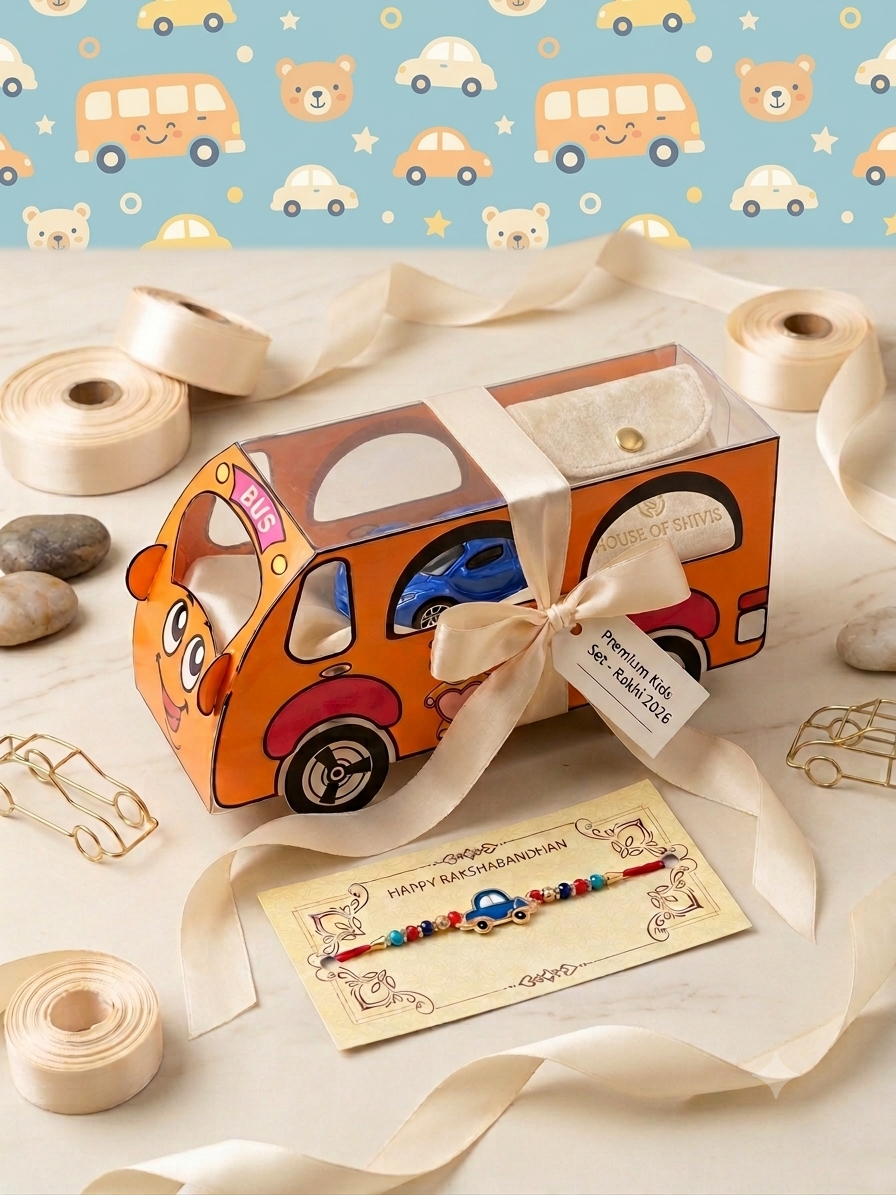 Kids Bus Rakhi Gift Set | Assorted Toy Car + Car Rakhi with Premium Roli Chawal Pouch