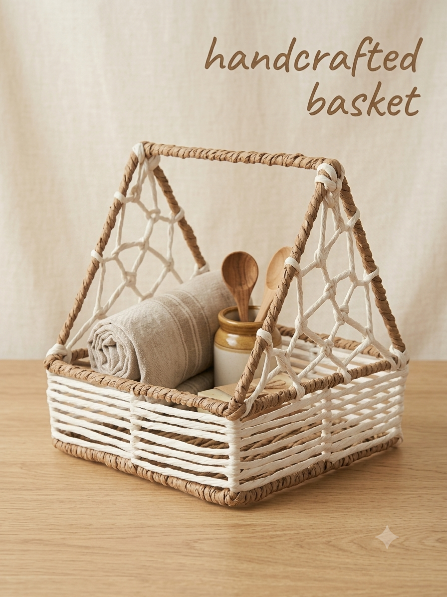 Handwoven Paper Rope Hamper Basket (8" x 8") with Sturdy Metal Frame
