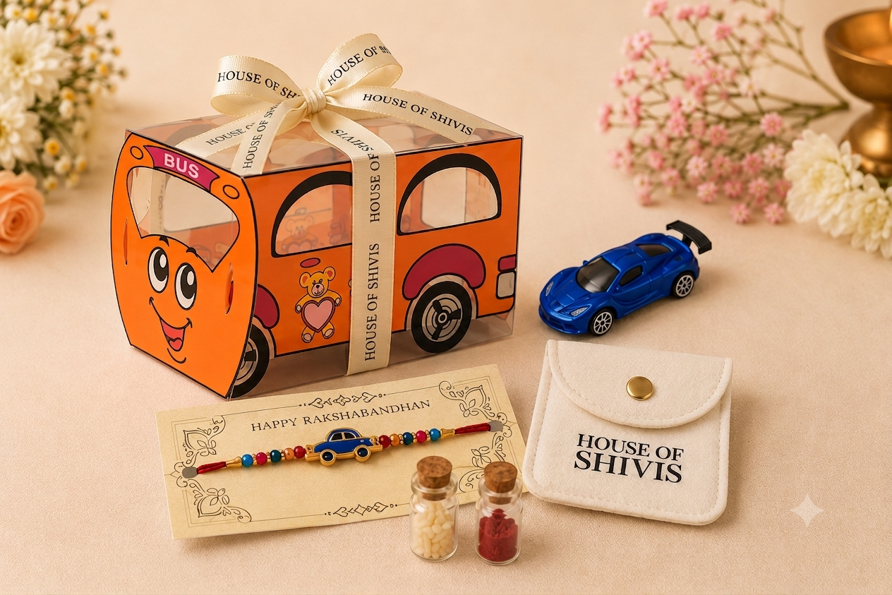 Kids Bus Rakhi Gift Set | Assorted Toy Car + Car Rakhi with Premium Roli Chawal Pouch