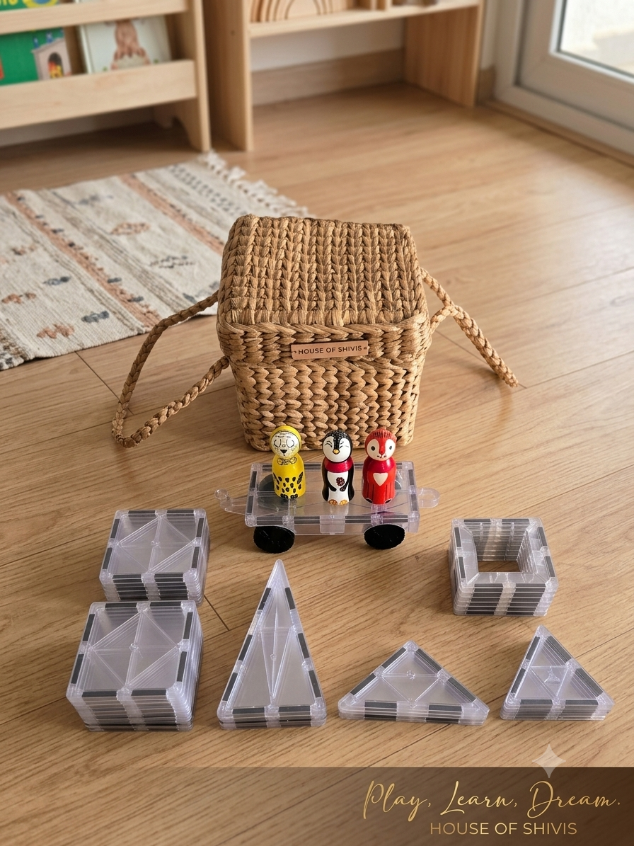 Crystal Clear Magnetic Tiles in Handwoven Water Hyacinth Basket — 32 Pc Heirloom Play Set