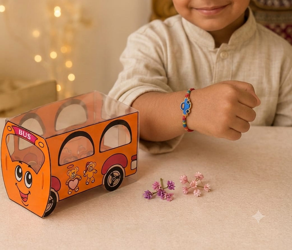 Kids Bus Rakhi Gift Set | Assorted Toy Car + Car Rakhi with Premium Roli Chawal Pouch